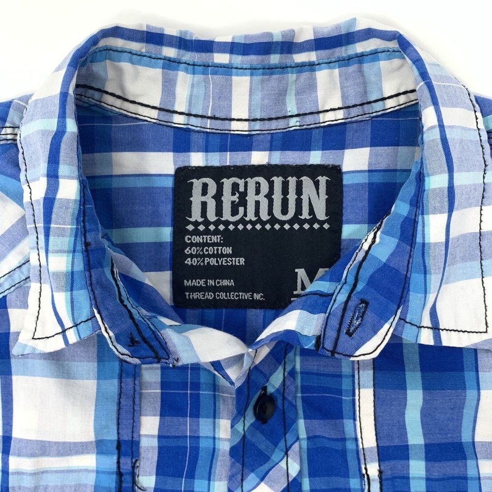 Rerun Blue & White‎ Plaid Western Men's Short Sleeve Shirt Size Medium - Picture 3 of 9